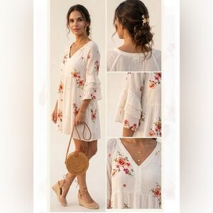 Anthropologie Fig and Flower embroidered Ruffled Sleeve Dress. Size M.